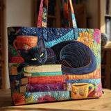 Artisan Tote Bag - Black Cat Amidst Books and Mugs