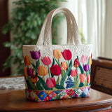 Quilted Tote Bag with Tulip Garden Design