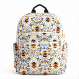 LD11 Floral Bee Quilted Backpack Featuring Triple Zipper Design