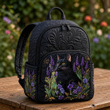 LD06 Quilted Backpack Featuring Black Cat and Lavender Pattern