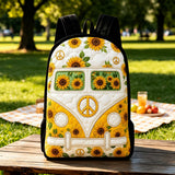 Retro Sunflower Hippie Van Quilted Backpack with Black Strap - Model LD04