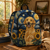 Custom Quilted Backpack with Golden Retriever and Starry Night Design - LV15