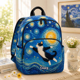 Charming Blue Quilted Backpack with Adorable Tuxedo Cat Design - Customizable LV17