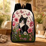 Custom Quilted Backpack with Charming Black Cat and Daisy Design - Black Strap - LV05