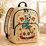 Custom Quilted Backpack Featuring Sugar Skull Cat Design - TG61