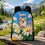 Custom Floral Corgi Quilted Backpack with Black Strap - TG08