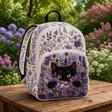 Personalized Quilted Backpack Featuring Black Cat & Purple Lavender Design - TN22