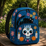 Custom Blue Floral Sugar Skull Quilted Backpack - TN62