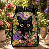 Floral Quilted Black Cat Backpack with Black Strap - Model TN01