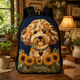 Custom Sunflower Goldendoodle Quilted Backpack with Black Strap - Model TN03